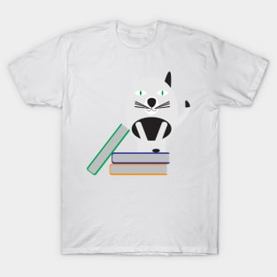 Black White Cat Standing on Books T-Shirt